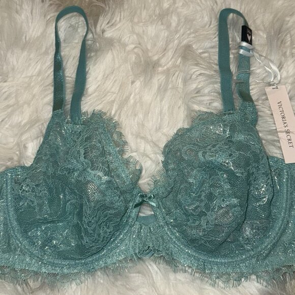 Victorias Secret Dream Angels Unlined Demi Bra Lace Metallic UW 34D Green New - Picture 3 of 7